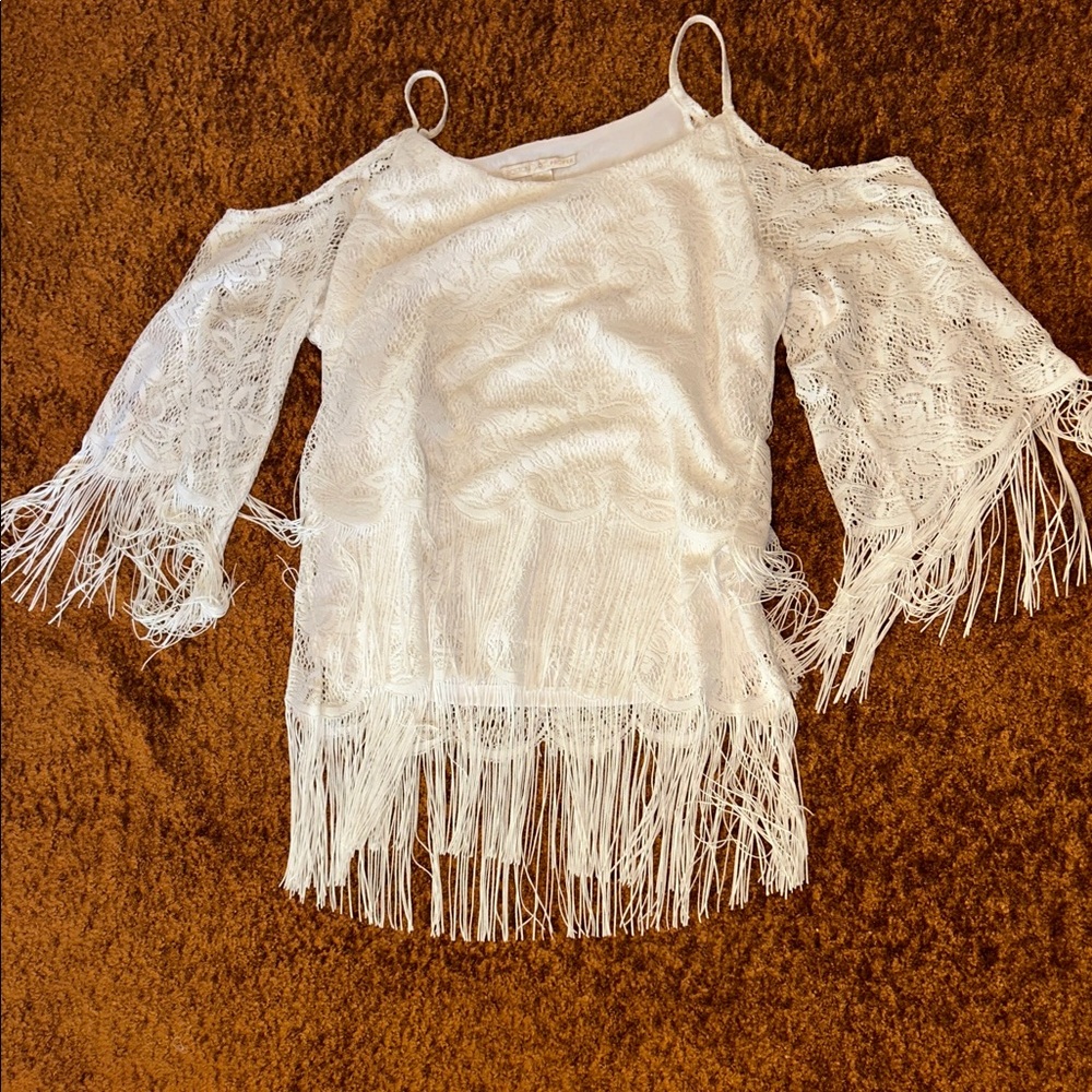 Boston Proper Ivory Lace Cold Shoulder Top